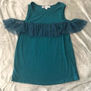 Gypsies and Moondust Womens Medium Blue Ruffle Cold Shoulder Top